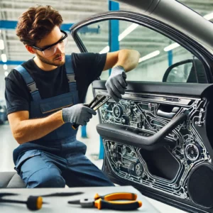 A professional auto glass technician repairing a car's electric window in a modern sedan inside a clean, well-lit garage. The technician is carefully working on the car door, with the inner window mechanism exposed, using precise tools and wearing safety glasses.