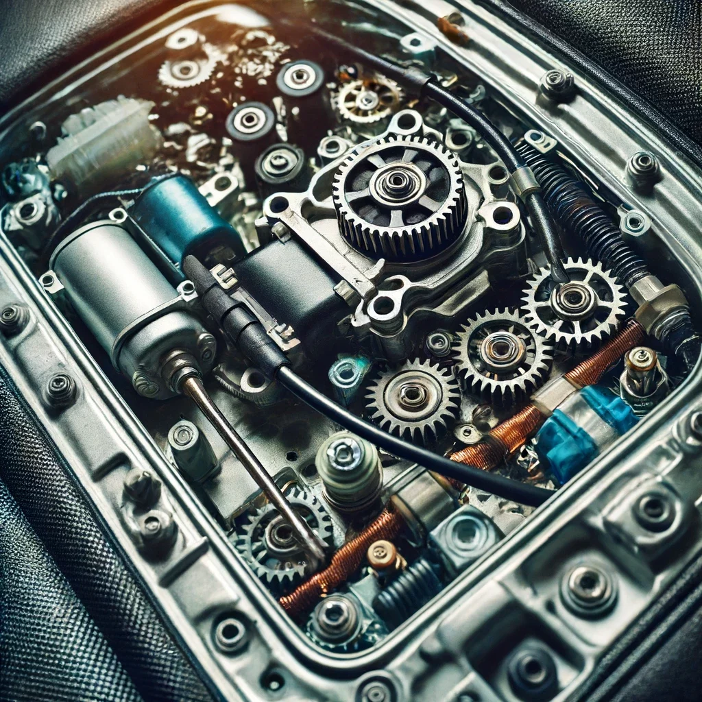 Close-up view of a car door's inner electric window mechanism, showing the detailed gears, cables, and motor components. 