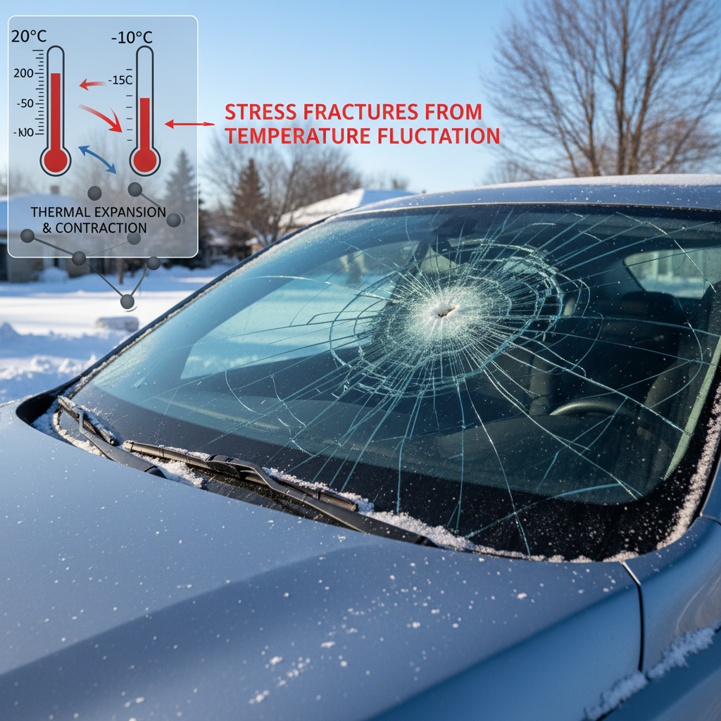 Cracked windshield: Thermal stress damage from auto glass temperature fluctuation. Laminated glass failure.