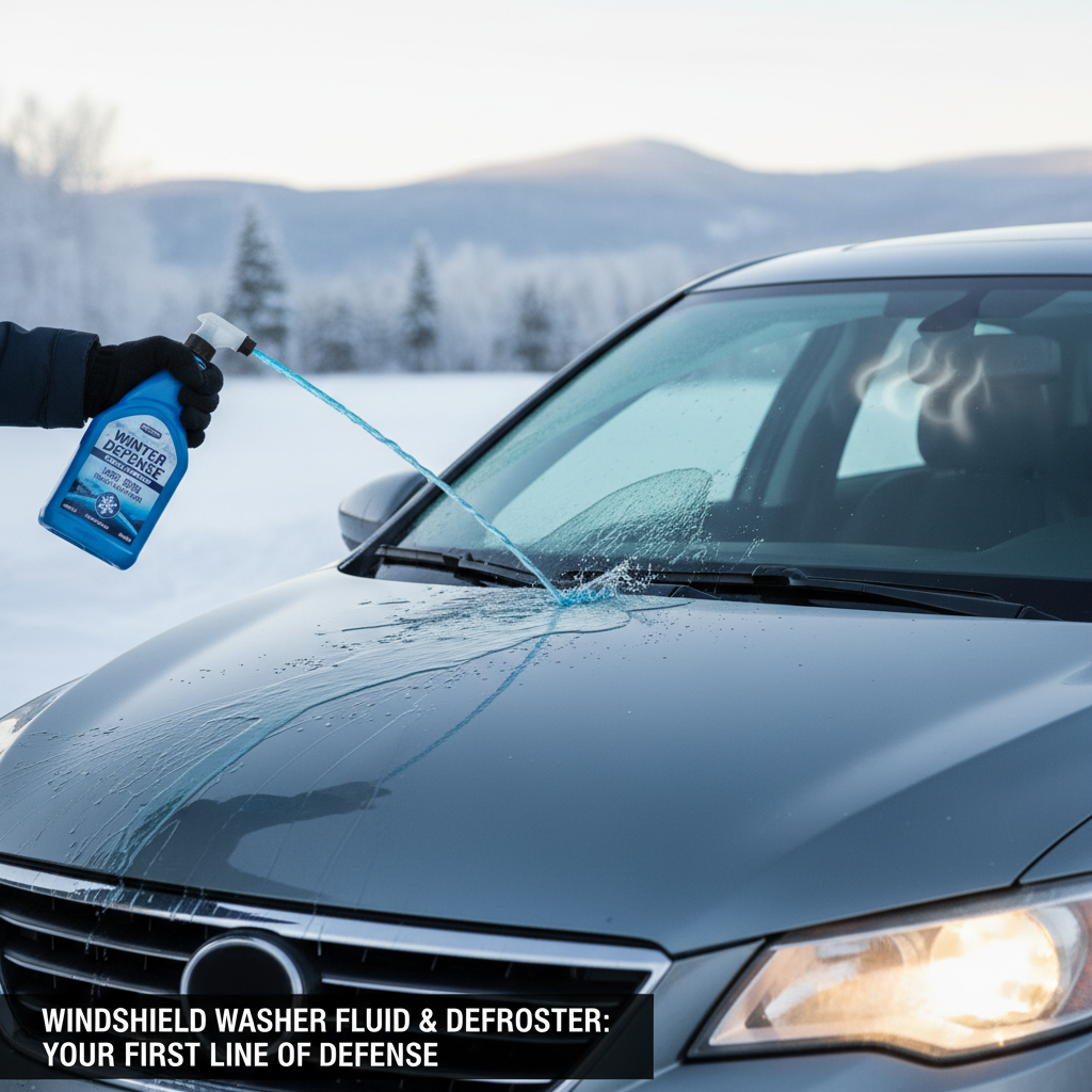 Clear windshield view. Windshield washer fluid, defroster, auto glass safety.