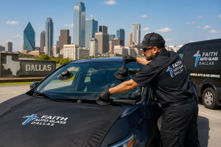 Technician replacing a car windshield in Dallas