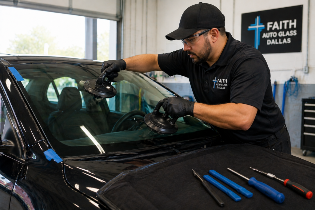 Auto glass technician installing windshield with tools